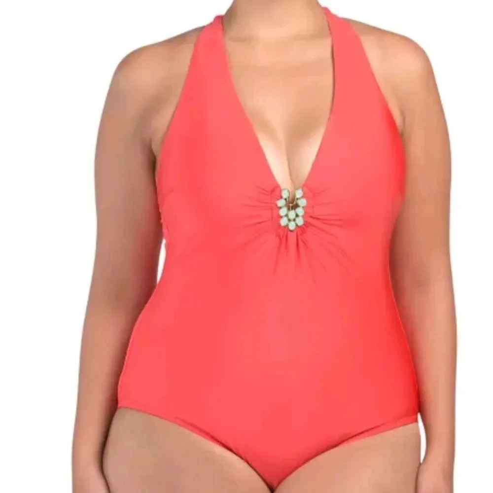 Trina Turk Plus Bijou V Plunge One Piece Swimsuit Poppy Size 18W